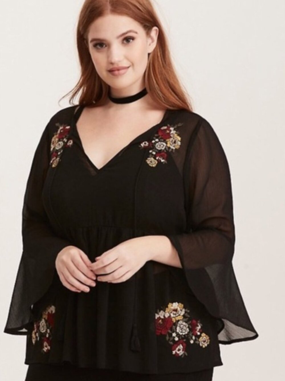 Torrid Black Sheer Chiffon Floral Embroidered Peasant Top